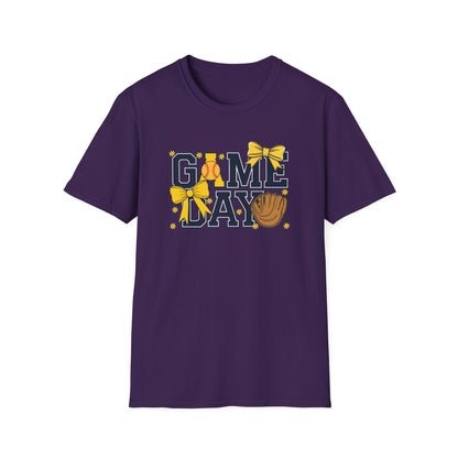Game Day Softball Bow Shirt – Cute Baseball Mom Tee, Yellow Bow Sports Graphic T-Shirt, Women’s Game Day Outfit, Softball Fan Apparel