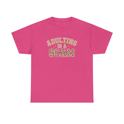 Adulting Is a Scam T-Shirt — Funny Retro Leopard Print Graphic Tee - Sarcastic Humor Shirt, Trendy Casual Tee