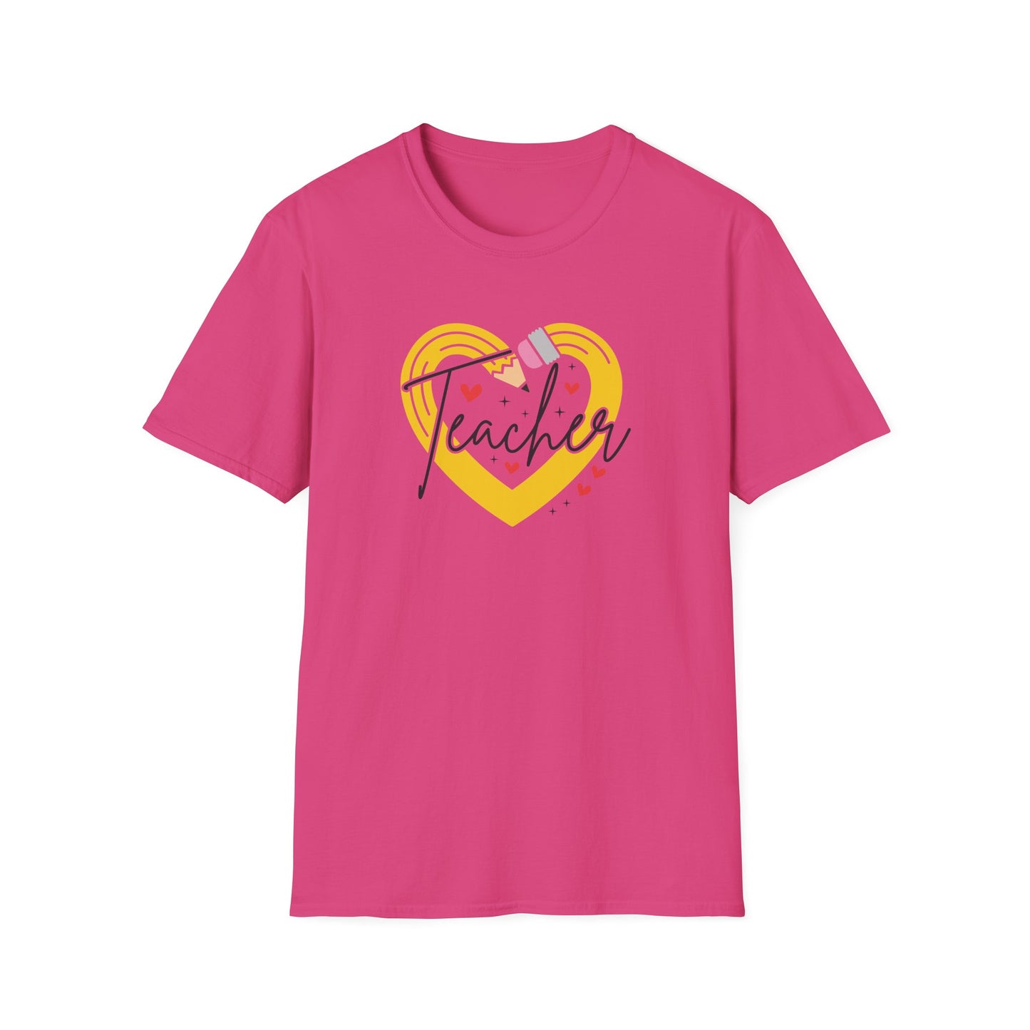 Teacher Heart Graphic T‑Shirt — Cute Yellow Heart, Pencil & 'Teacher' Script