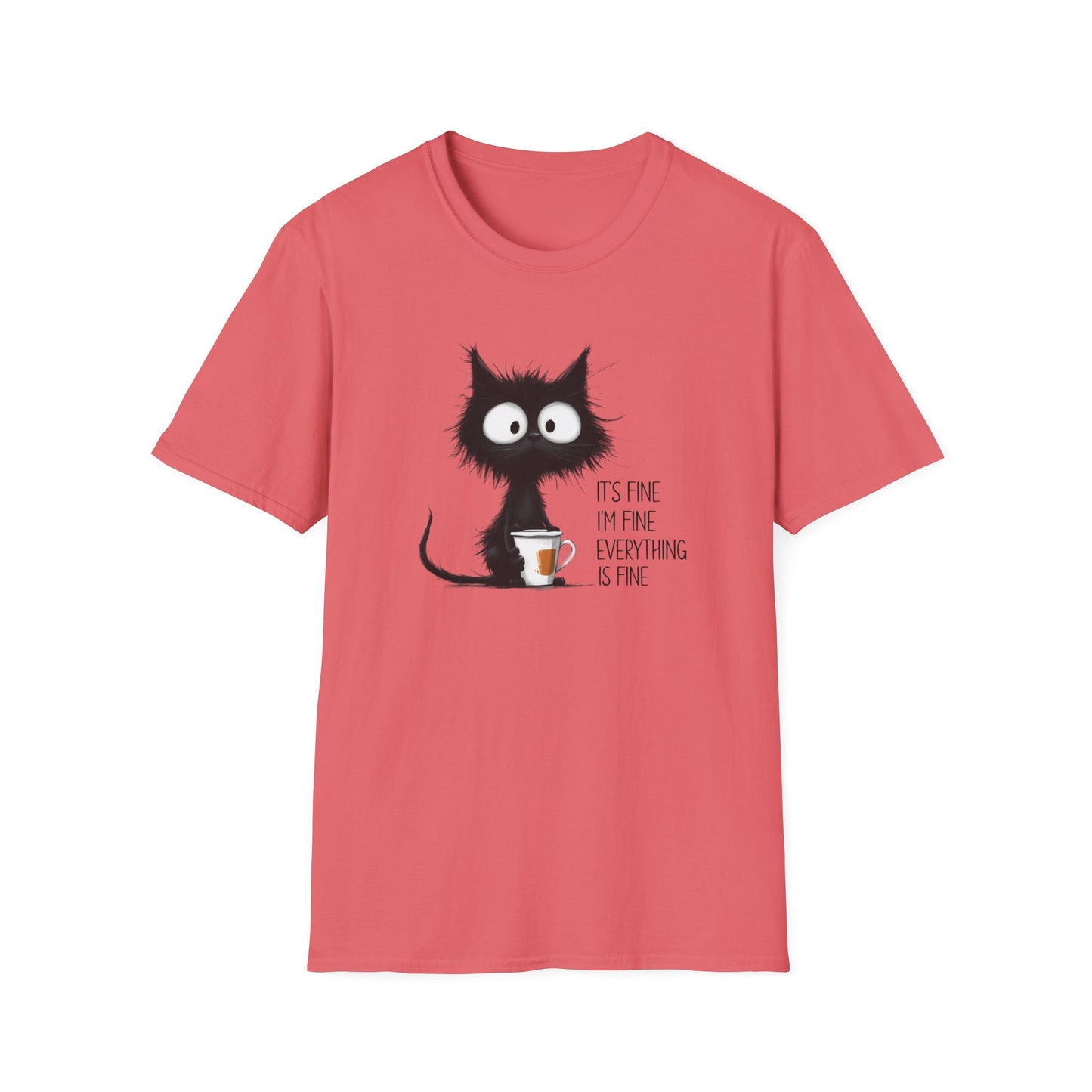 It’s Fine I’m Fine Everything Is Fine Cat Shirt – Funny Black Cat Coffee T-Shirt, Anxious Cat Graphic Tee, Relatable Humor Gift