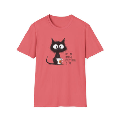 It’s Fine I’m Fine Everything Is Fine Cat Shirt – Funny Black Cat Coffee T-Shirt, Anxious Cat Graphic Tee, Relatable Humor Gift