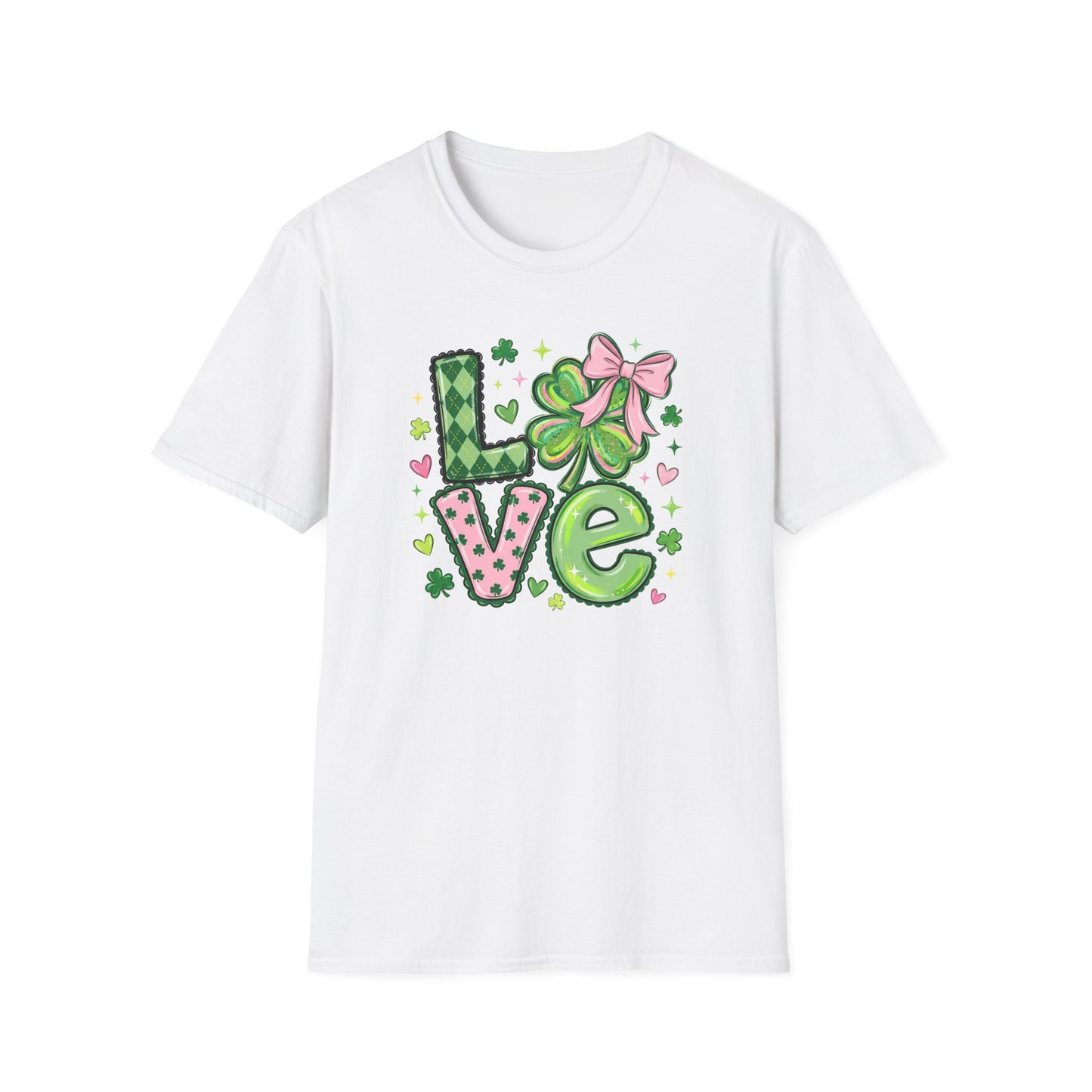 St. Patrick’s Day Love Shirt – Cute Shamrock Bow Graphic Tee, Pink & Green Clover Love Design, Lucky Irish Coquette Style Shirt