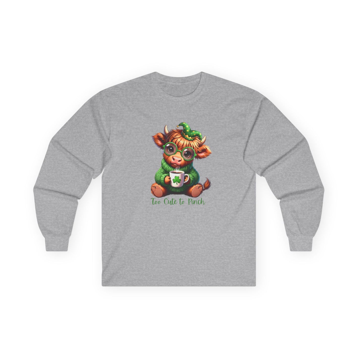 St. Patrick's Cozy Cow Long Sleeve Tee — 'Too Cute to Pinch'