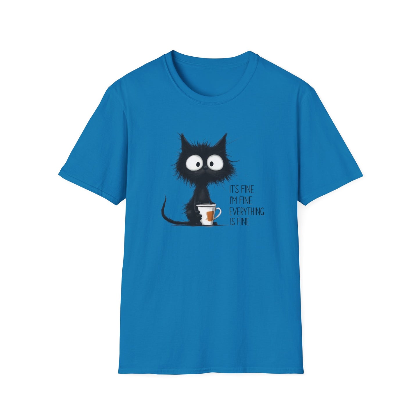 It’s Fine I’m Fine Everything Is Fine Cat Shirt – Funny Black Cat Coffee T-Shirt, Anxious Cat Graphic Tee, Relatable Humor Gift