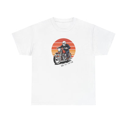 Motorcycle Rider Tee — Retro Sunset Biker Graphic "Ride Fast, Live Free" - Skeleton Biker T-Shirt