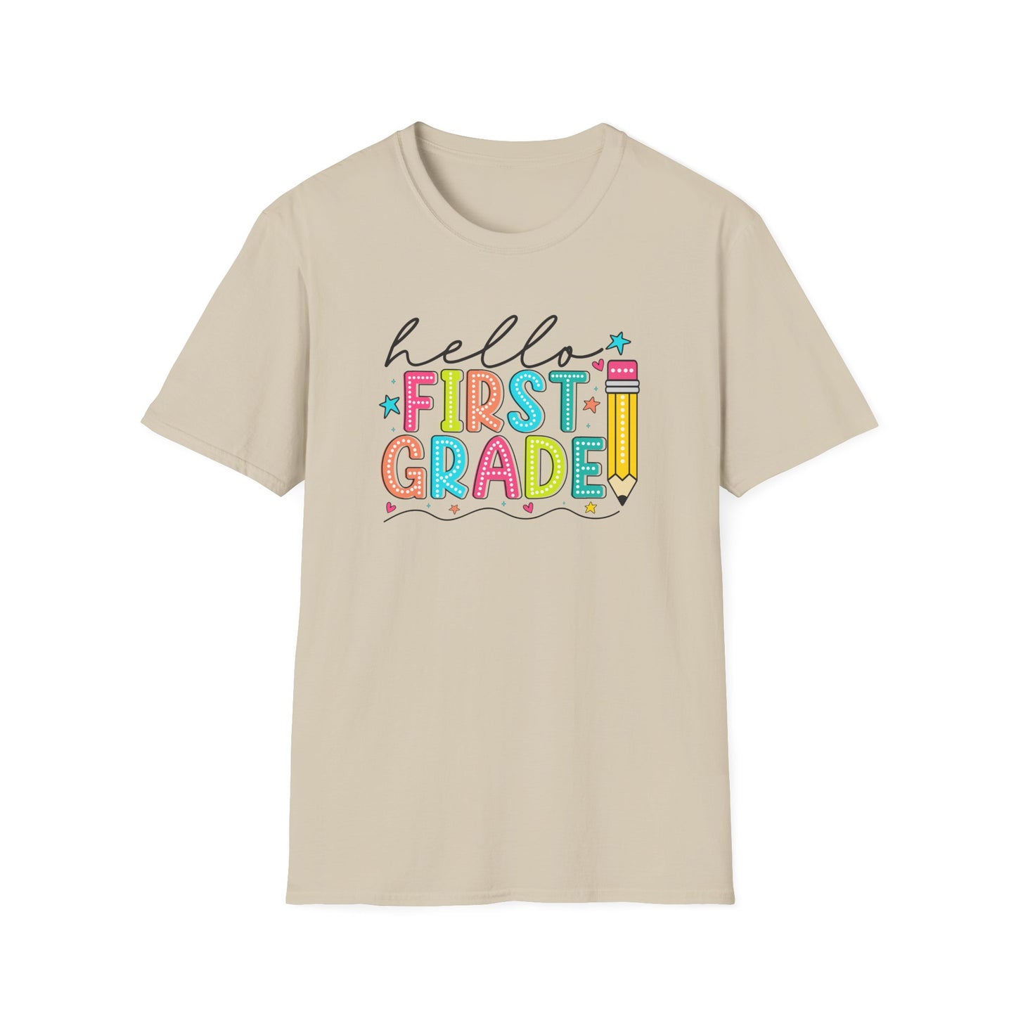 Hello First Grade Pencil T-Shirt — Colorful Back-to-School Cute School Spirit Tee