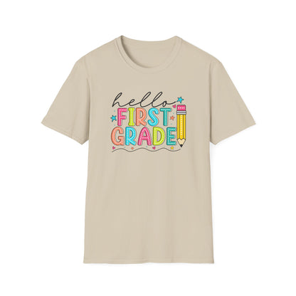 Hello First Grade Pencil T-Shirt — Colorful Back-to-School Cute School Spirit Tee
