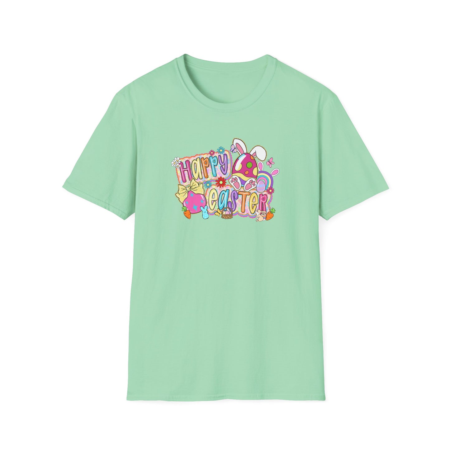 Happy Easter Graphic T-Shirt — Colorful Bunny & Eggs Spring Tee