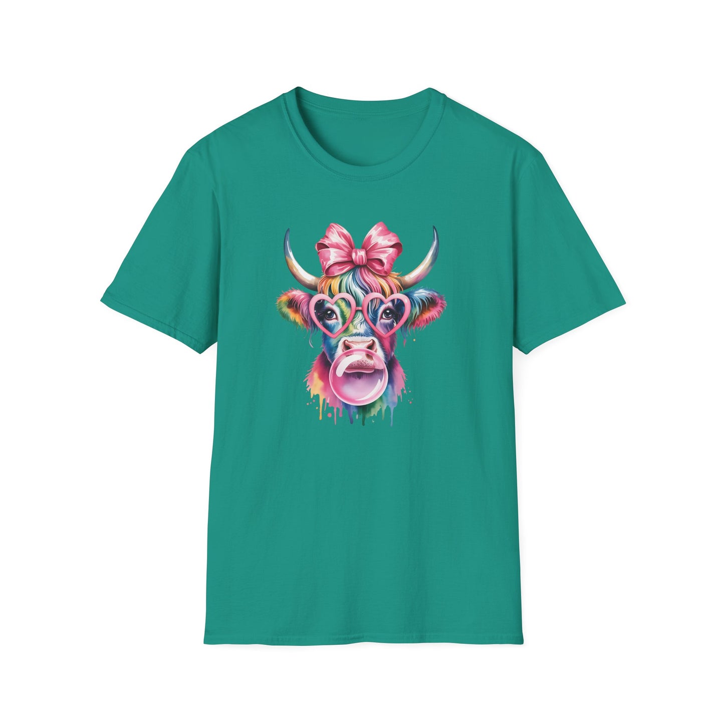 Cute Rainbow Highland Cow T-Shirt – Pink Coquette Bow Cow Graphic Tee, Funny Bubblegum Cow Shirt, Colorful Farm Animal Aesthetic Tee for Women
