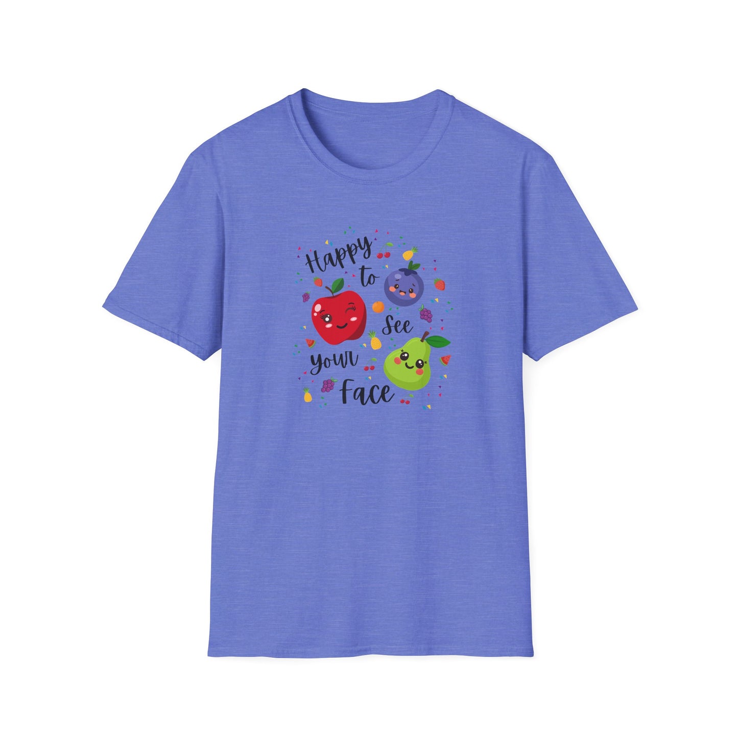 Cute Kawaii Fruit Shirt – Smiling Apple Pear Blueberry Tee – Fun Kids Summer T-Shirt – Colorful Cartoon Fruit Design
