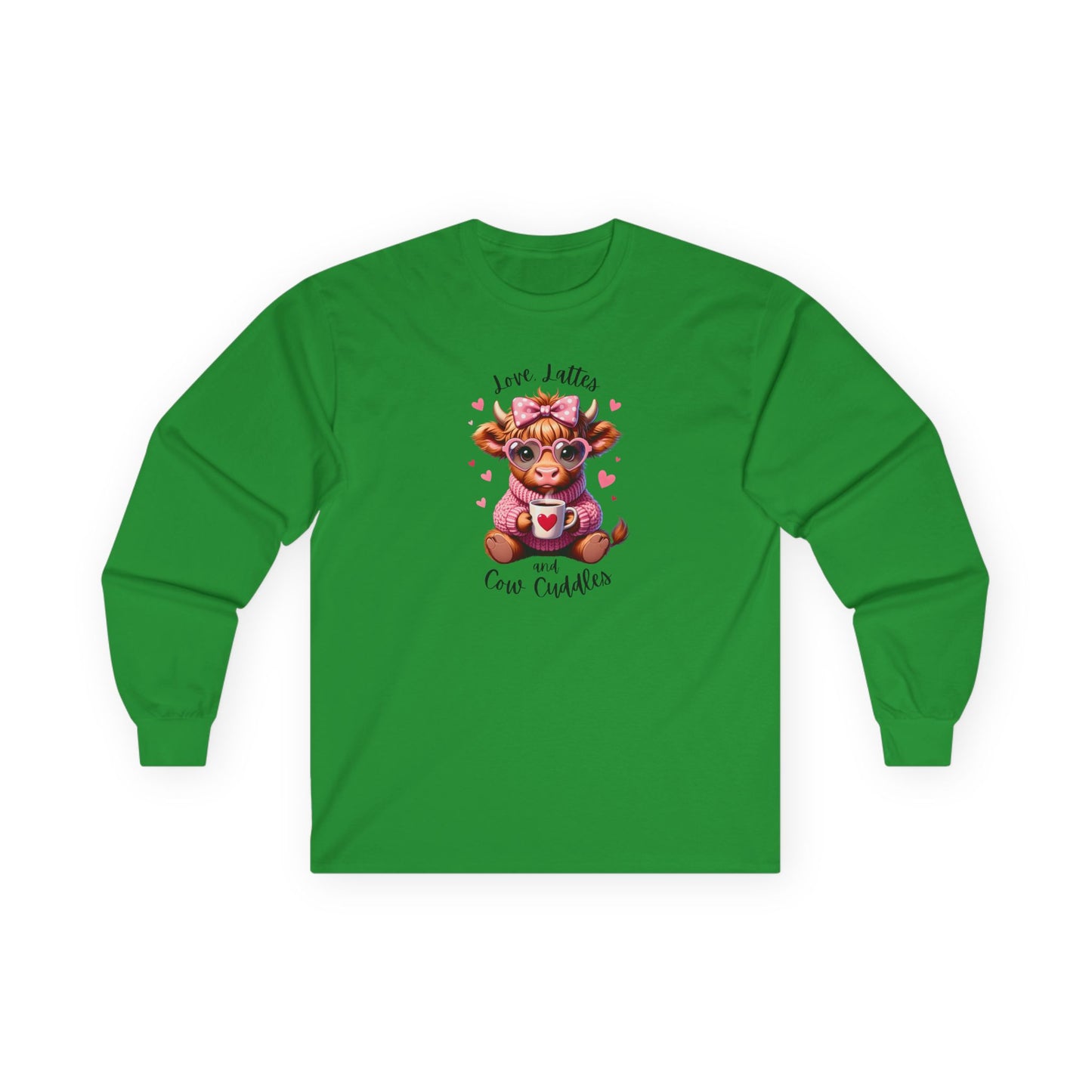Cow Cuddles Long Sleeve Tee – Cute Cow with Coffee Valentine Shirt