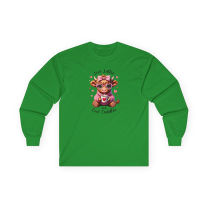 Cow Cuddles Long Sleeve Tee – Cute Cow with Coffee Valentine Shirt