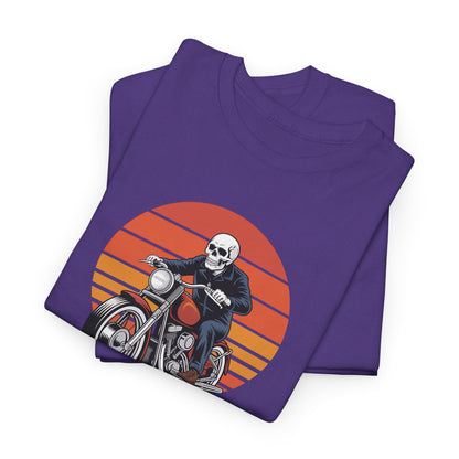 Motorcycle Rider Tee — Retro Sunset Biker Graphic "Ride Fast, Live Free" - Skeleton Biker T-Shirt