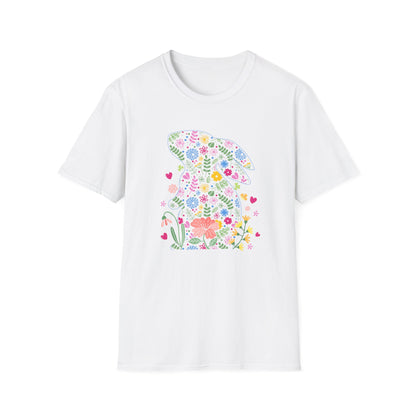Floral Easter Bunny T-Shirt – Cute Spring Flower Bunny Graphic Tee, Pastel Botanical Easter Shirt, Colorful Rabbit Silhouette Tee for Women