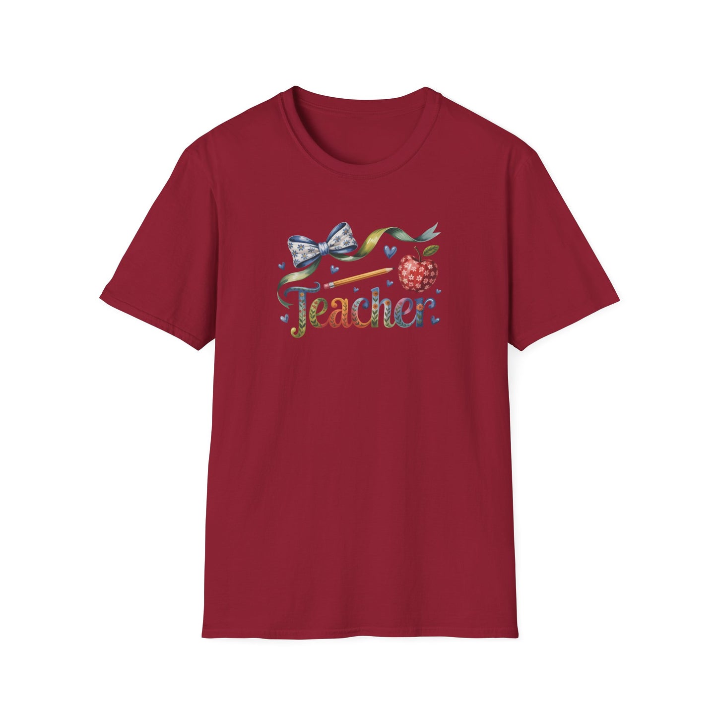 Teacher Floral Bow T-Shirt — Cute Apple & Script Teacher Shirt for Educators