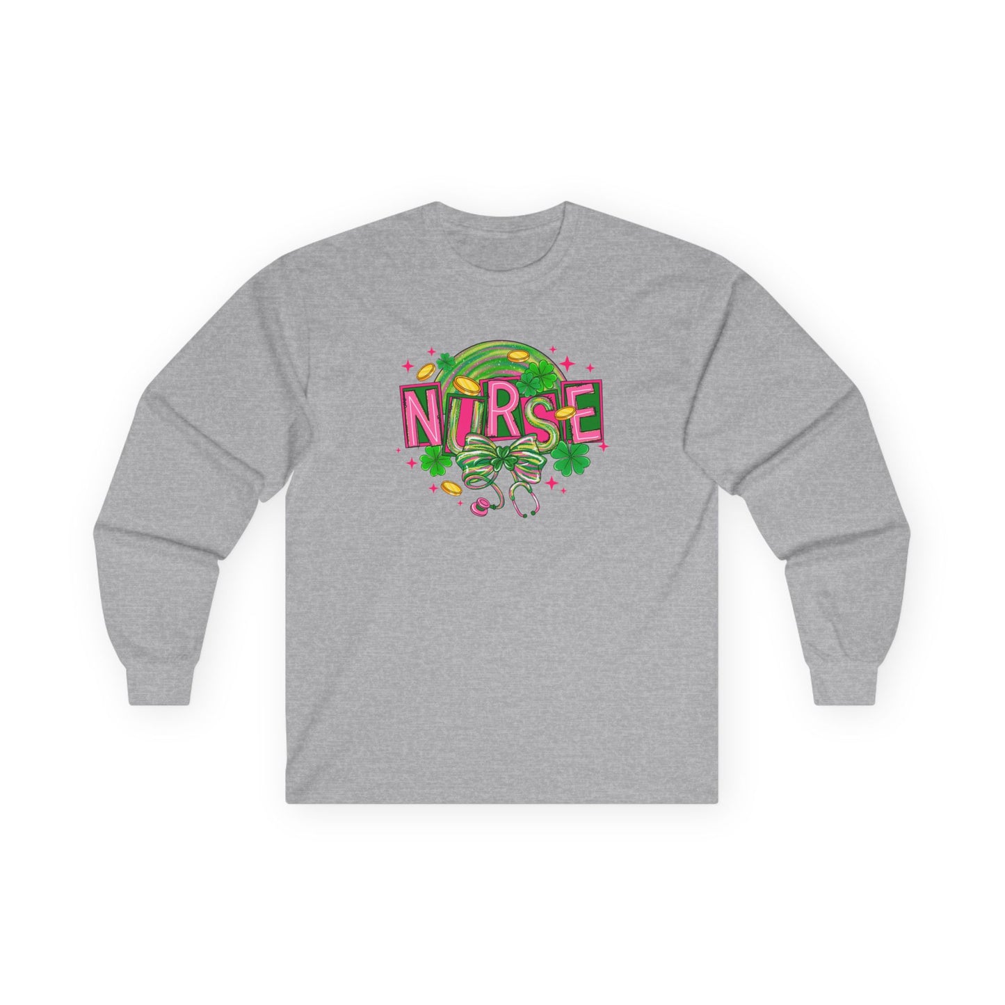Nurse Stethoscope Graphic Long Sleeve Tee — Cute Green & Pink Healthcare Shirt