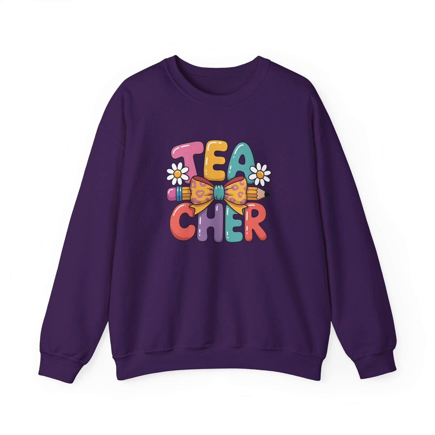 Teacher Crewneck Sweatshirt — Colorful Retro 'Teacher' Bow & Daisies Design