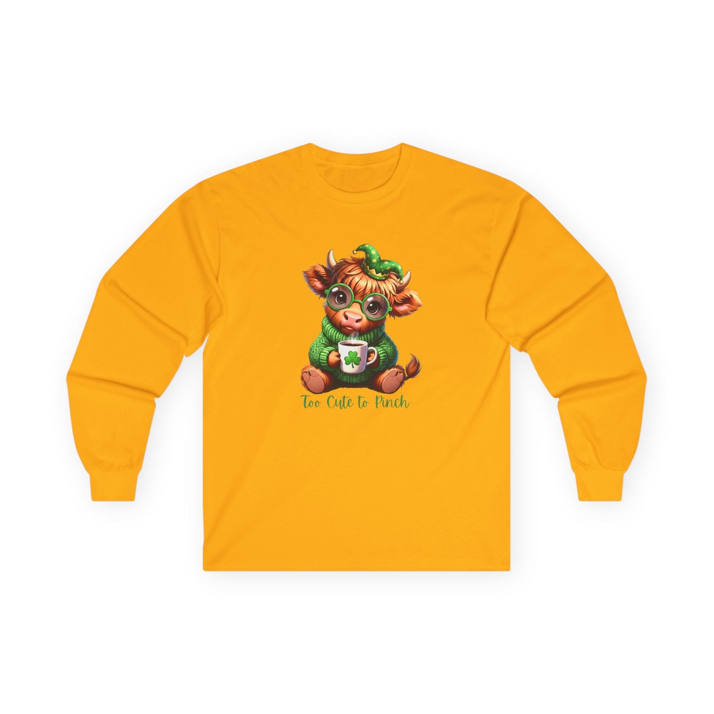St. Patrick's Cozy Cow Long Sleeve Tee — 'Too Cute to Pinch'