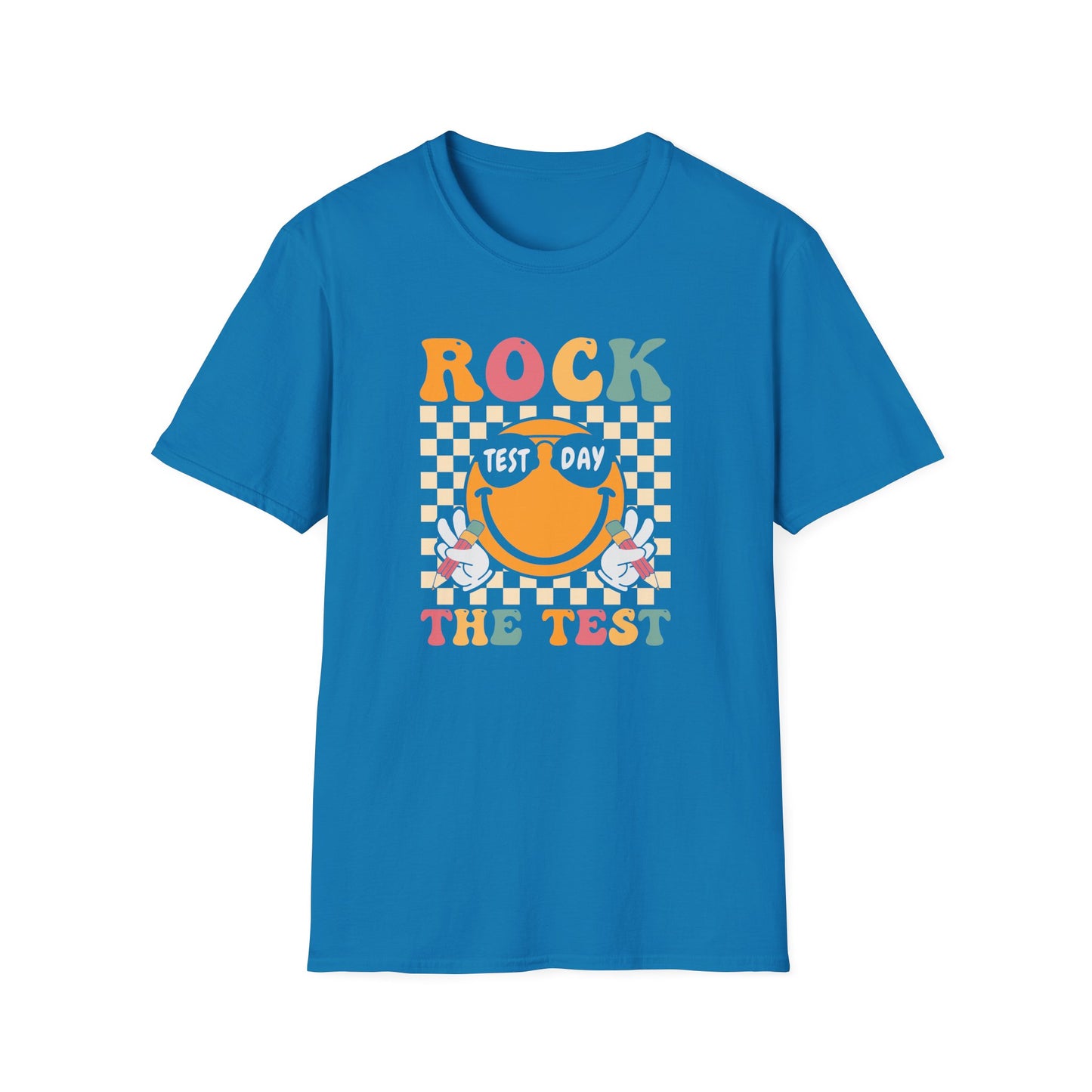 Rock The Test T-Shirt — Retro Smiley Motivation Tee for Students & Teachers