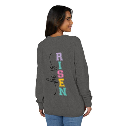 He Is Risen Christian Easter T-Shirt – Faith Based Front & Back Graphic Tee, Religious Resurrection Shirt, Pastel Easter Church Outfit for Women