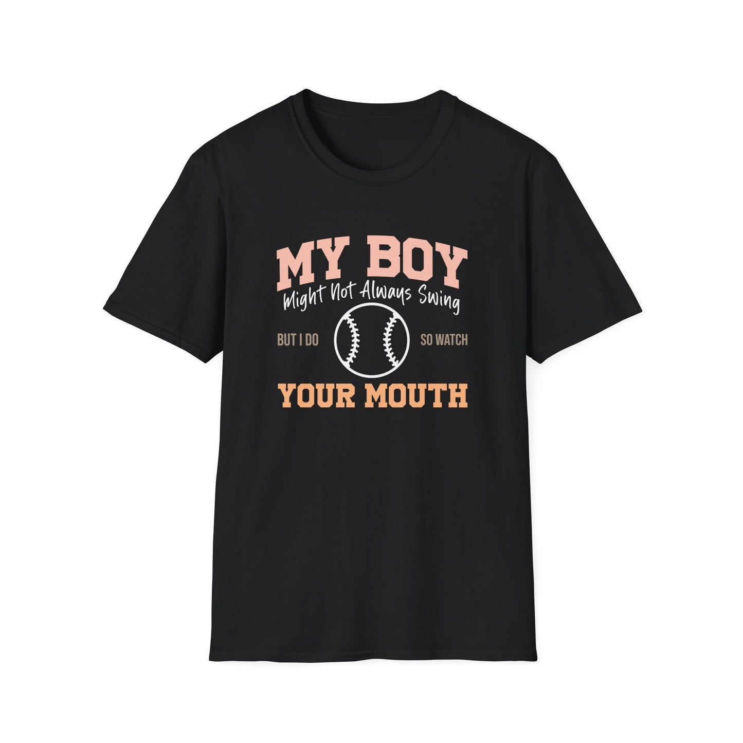 Funny Baseball Mom Shirt – “My Boy Might Not Always Swing” Graphic Tee | Sports Mom T-Shirt | Baseball Season Gift | Proud Boy Mom Tee