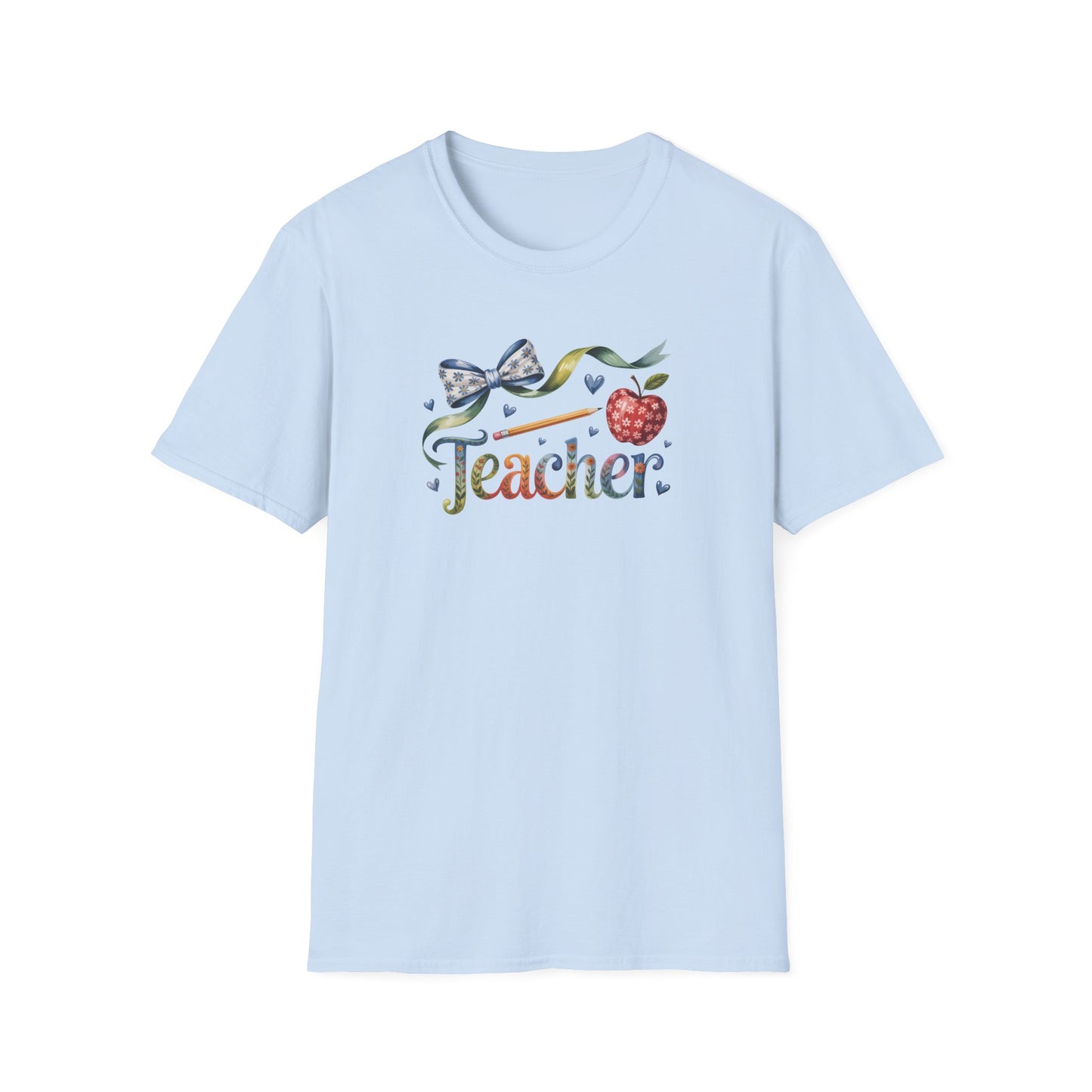 Teacher Floral Bow T-Shirt — Cute Apple & Script Teacher Shirt for Educators
