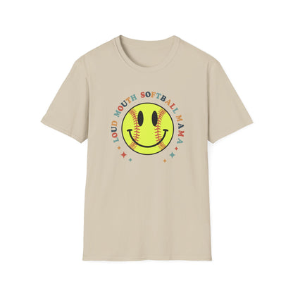 Loud Mouth Softball Mama Shirt – Retro Smiley Softball Graphic Tee, Funny Softball Mom Shirt, Vintage Game Day Apparel