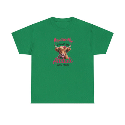 Funny Cow Shirt – “Apparently I Have An Attitude Who Knew” – Cute Highland Cow Tee – Sassy Cowgirl Graphic Shirt