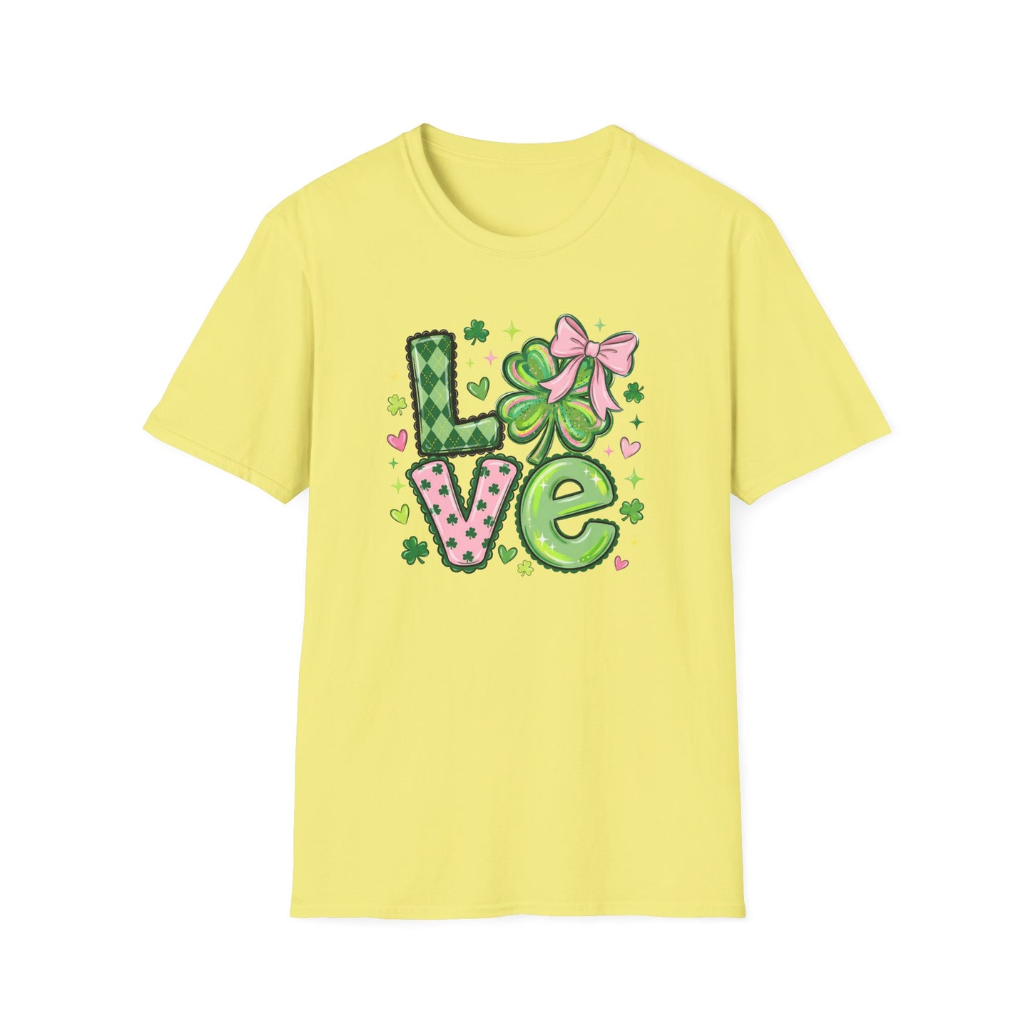 St. Patrick’s Day Love Shirt – Cute Shamrock Bow Graphic Tee, Pink & Green Clover Love Design, Lucky Irish Coquette Style Shirt