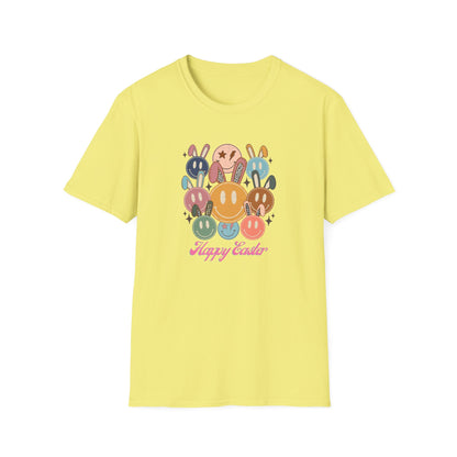 Happy Easter Smiley Face Shirt, Cute Bunny Smile Graphic Tee, Pastel Retro Easter Shirt Women, Spring Aesthetic Easter Outfit, Kawaii Bunny Graphic T-Shirt