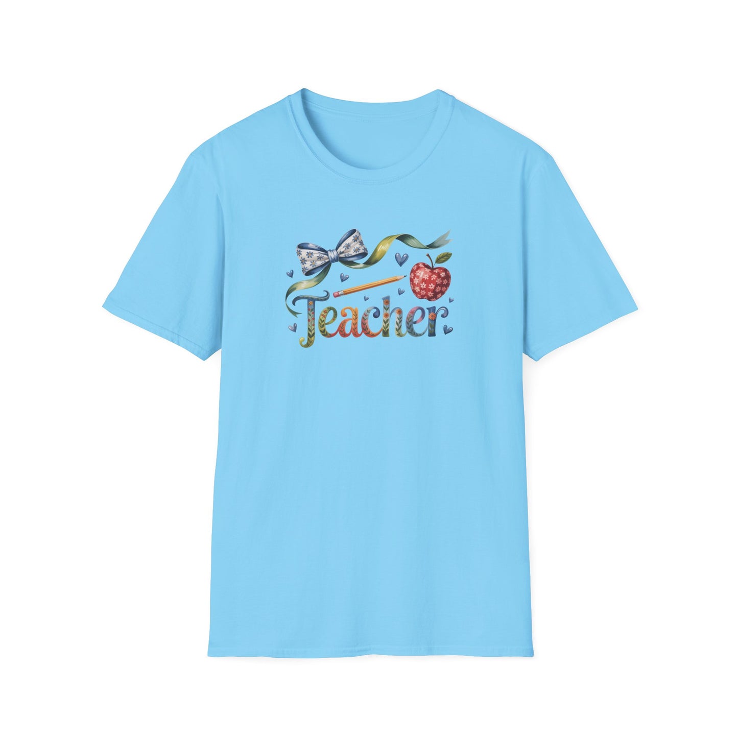 Teacher Floral Bow T-Shirt — Cute Apple & Script Teacher Shirt for Educators