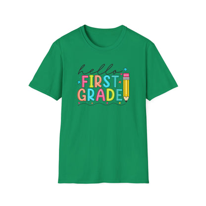 Hello First Grade Pencil T-Shirt — Colorful Back-to-School Cute School Spirit Tee