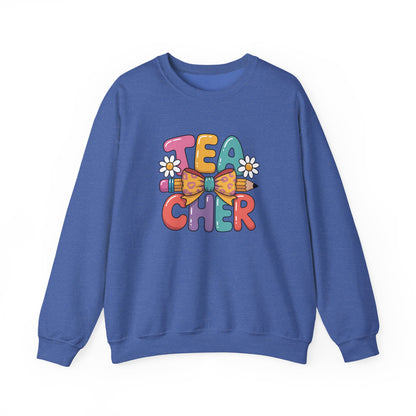 Teacher Crewneck Sweatshirt — Colorful Retro 'Teacher' Bow & Daisies Design