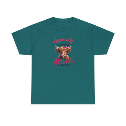 Funny Cow Shirt – “Apparently I Have An Attitude Who Knew” – Cute Highland Cow Tee – Sassy Cowgirl Graphic Shirt