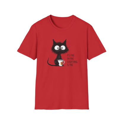 It’s Fine I’m Fine Everything Is Fine Cat Shirt – Funny Black Cat Coffee T-Shirt, Anxious Cat Graphic Tee, Relatable Humor Gift
