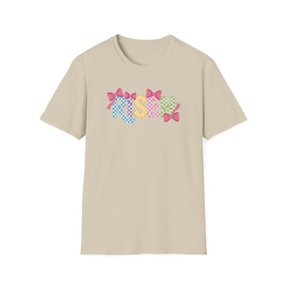 Risen Easter Shirt, Christian Easter Bunny Bow Tee, Faith Based Easter Shirt, Pastel Coquette Spring Graphic T-Shirt, Religious Easter Outfit for Women