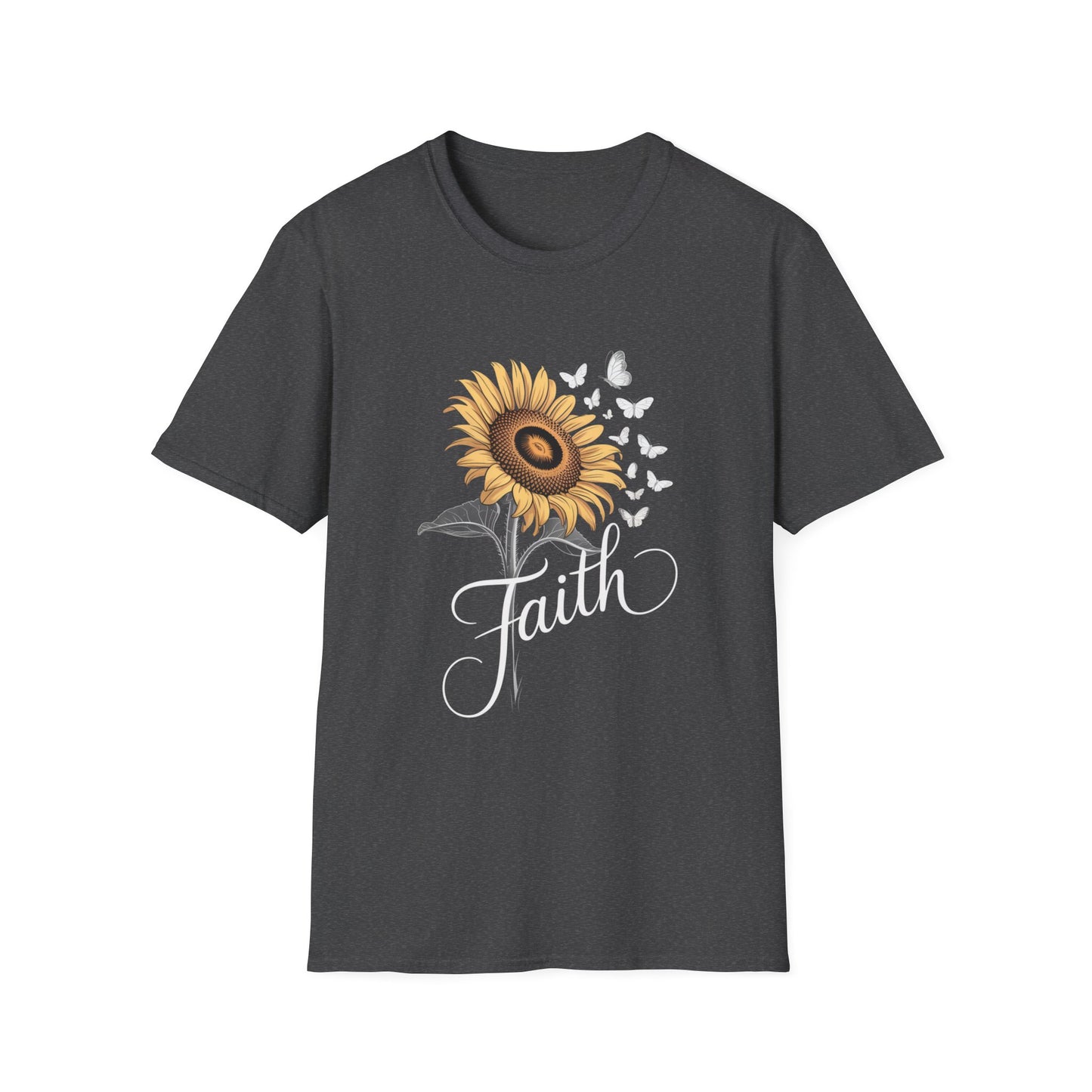 Faith Sunflower T-Shirt — Inspirational Floral Tee with Butterflies