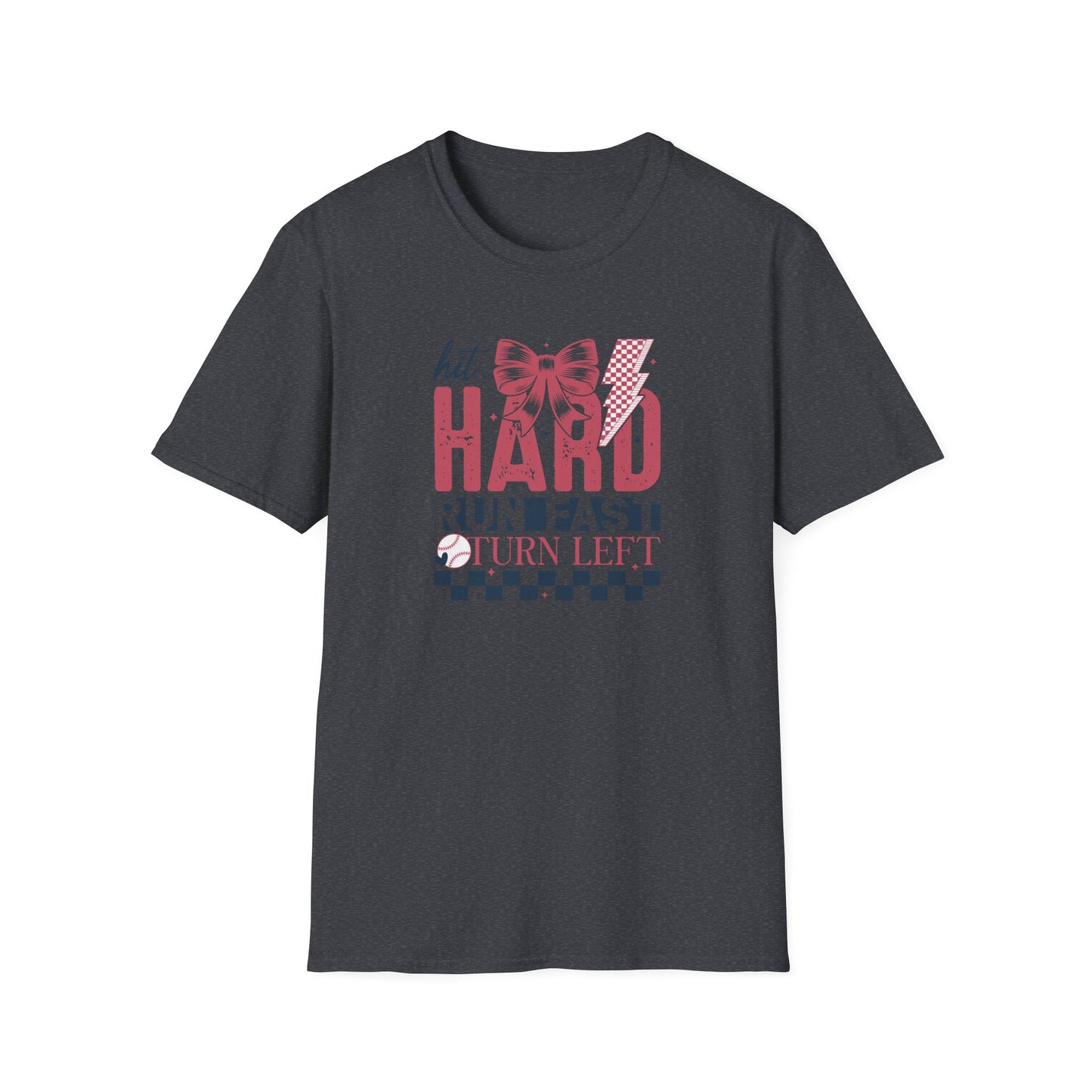 Hit Hard Run Fast Turn Left Baseball Shirt – Cute Softball Bow Tee | Game Day Shirt for Women | Sports Mom Graphic T-Shirt