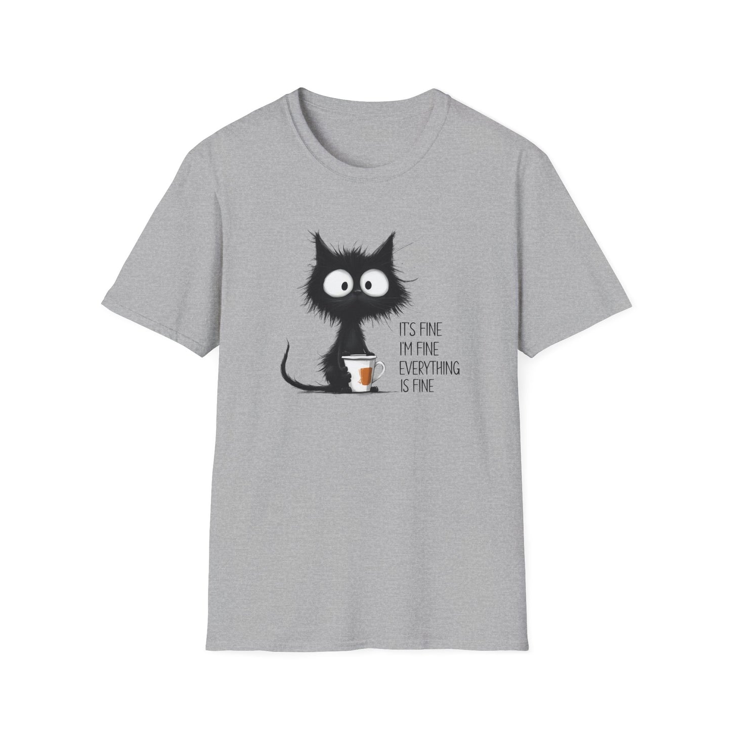 It’s Fine I’m Fine Everything Is Fine Cat Shirt – Funny Black Cat Coffee T-Shirt, Anxious Cat Graphic Tee, Relatable Humor Gift
