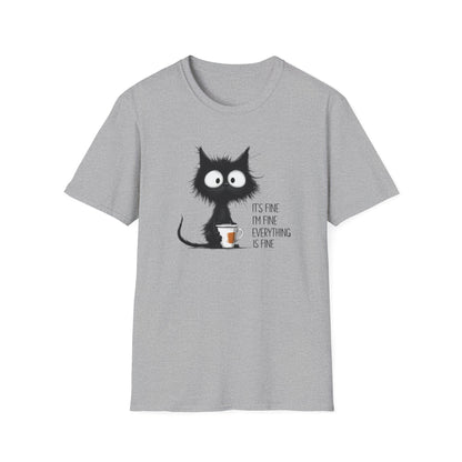 It’s Fine I’m Fine Everything Is Fine Cat Shirt – Funny Black Cat Coffee T-Shirt, Anxious Cat Graphic Tee, Relatable Humor Gift