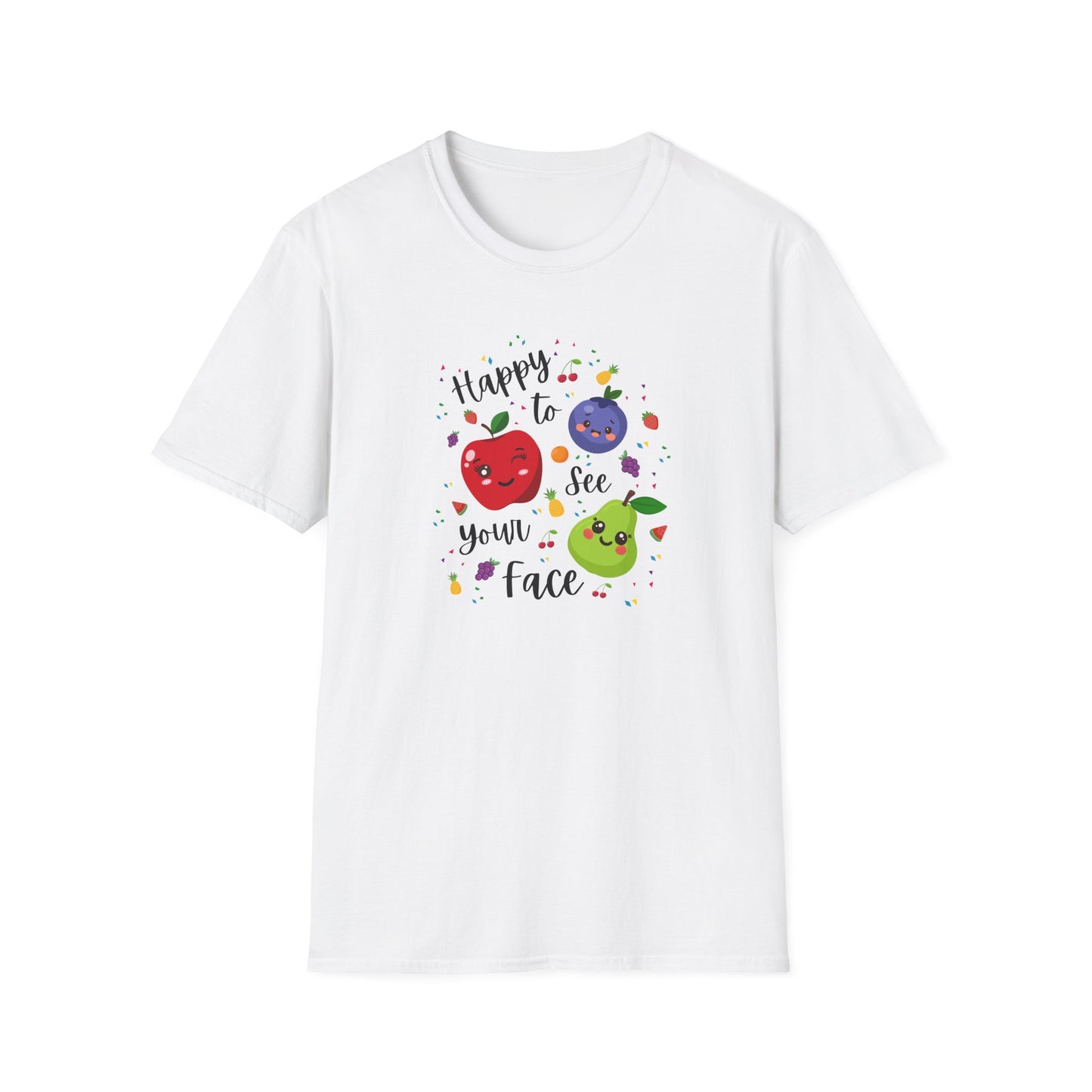 Cute Kawaii Fruit Shirt – Smiling Apple Pear Blueberry Tee – Fun Kids Summer T-Shirt – Colorful Cartoon Fruit Design