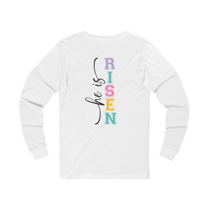 He Is Risen Christian Sweatshirt – Faith Based Easter Crewneck, Front & Back Religious Graphic Sweatshirt, Pastel Resurrection Church Pullover for Women