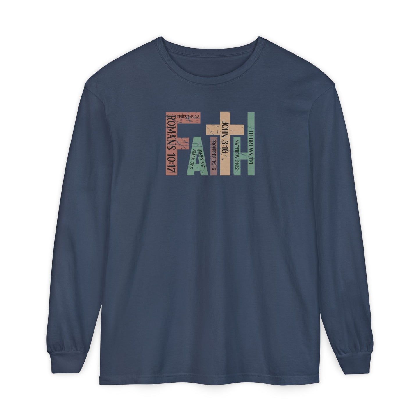 Faith Cross Long Sleeve Tee — Christian Scripture Romans 10:17 Shirt