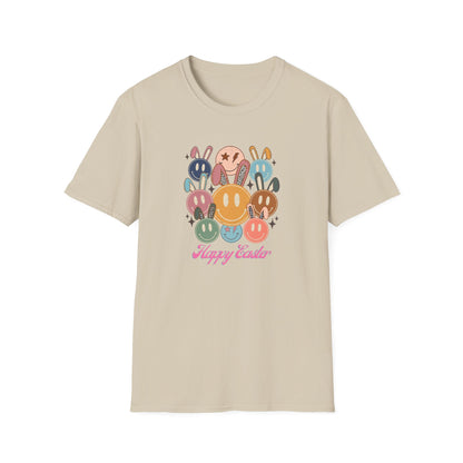Happy Easter Smiley Face Shirt, Cute Bunny Smile Graphic Tee, Pastel Retro Easter Shirt Women, Spring Aesthetic Easter Outfit, Kawaii Bunny Graphic T-Shirt