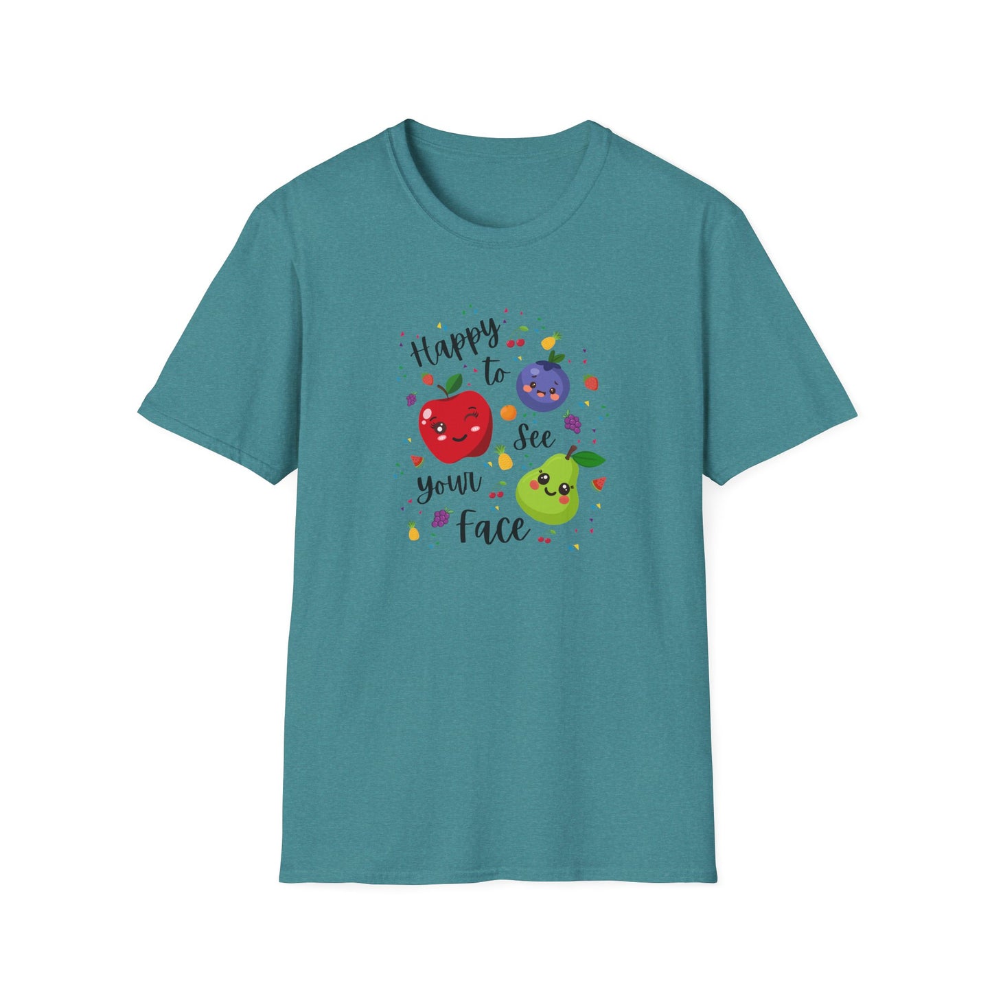 Cute Kawaii Fruit Shirt – Smiling Apple Pear Blueberry Tee – Fun Kids Summer T-Shirt – Colorful Cartoon Fruit Design