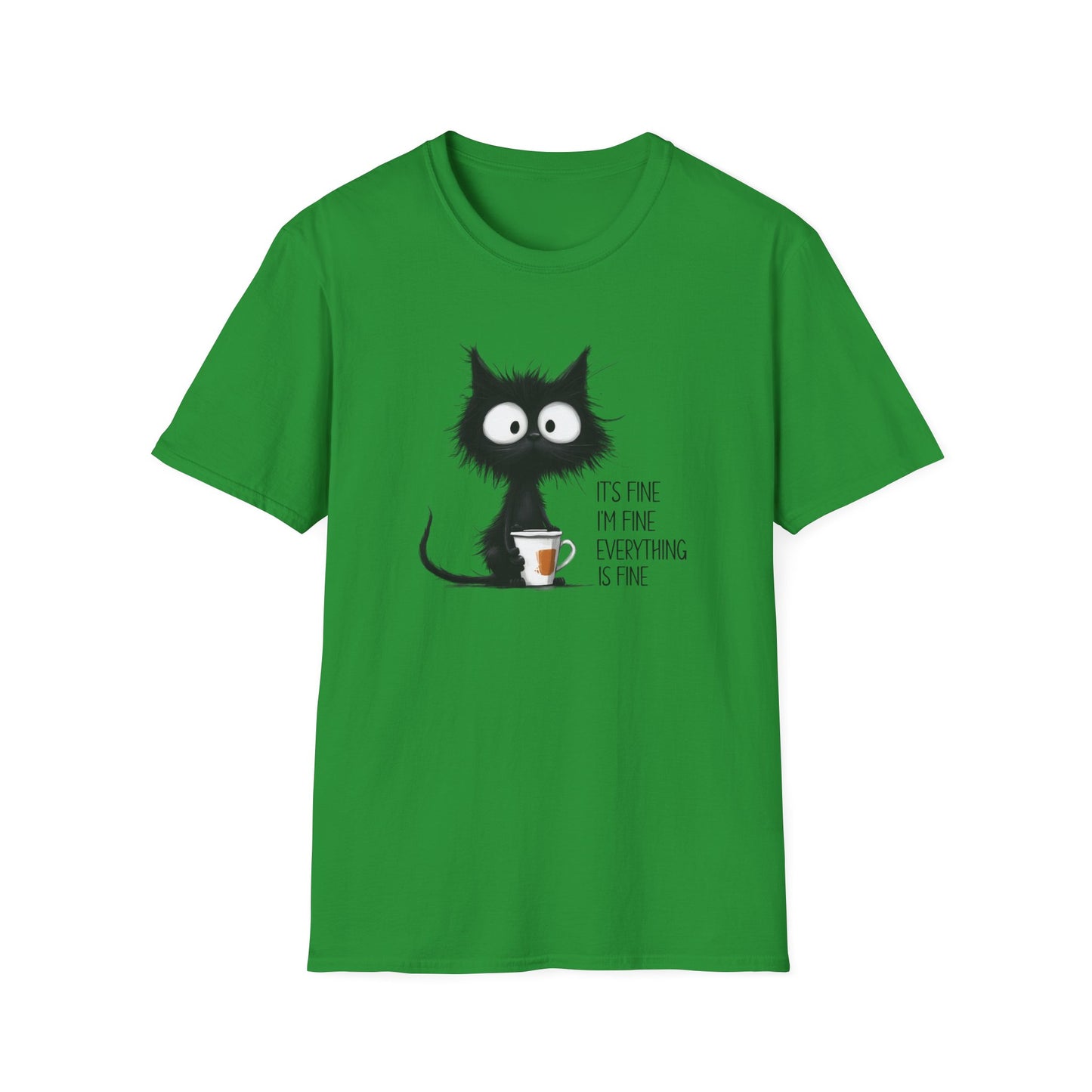 It’s Fine I’m Fine Everything Is Fine Cat Shirt – Funny Black Cat Coffee T-Shirt, Anxious Cat Graphic Tee, Relatable Humor Gift