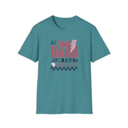 Hit Hard Run Fast Turn Left Baseball Shirt – Cute Softball Bow Tee | Game Day Shirt for Women | Sports Mom Graphic T-Shirt