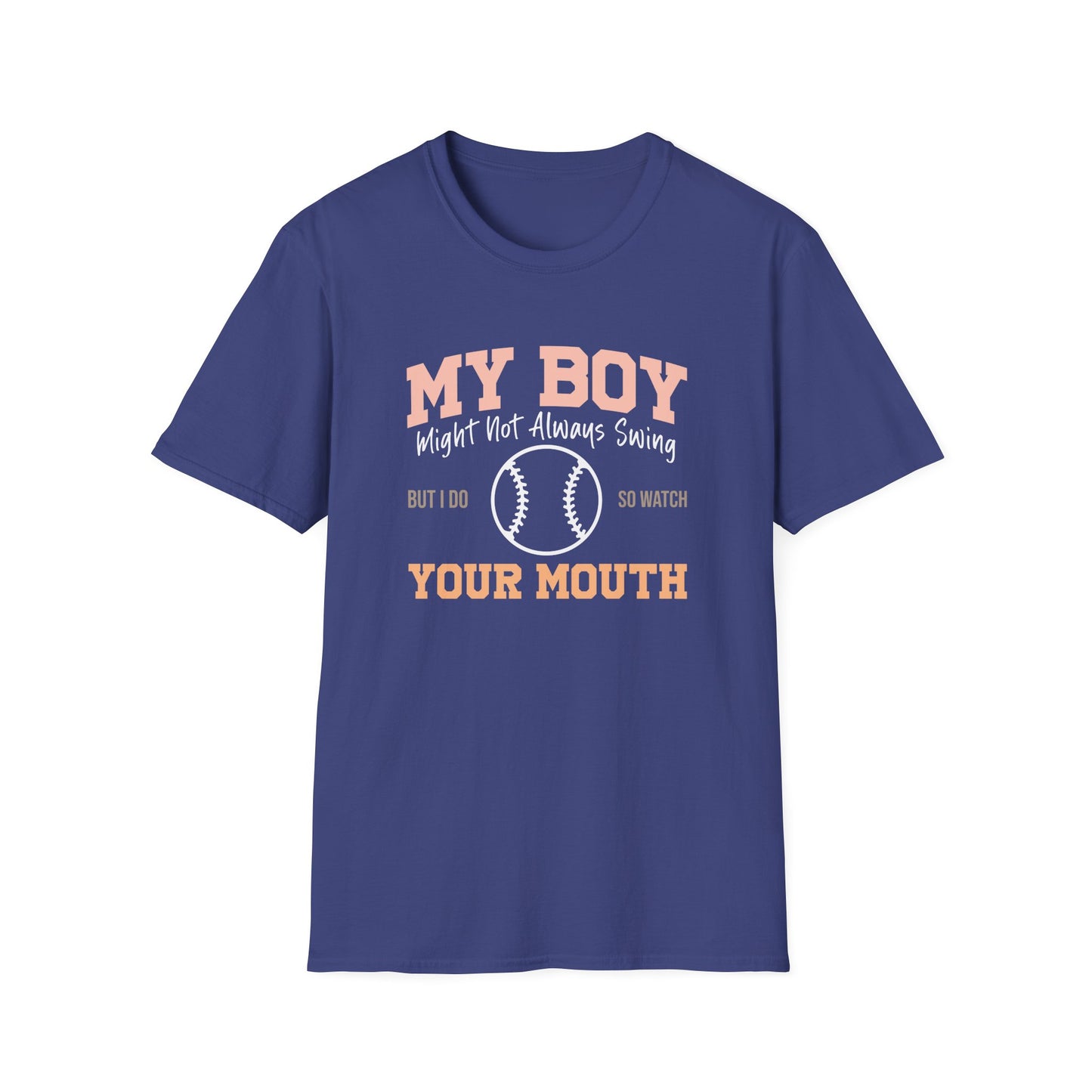 Funny Baseball Mom Shirt – “My Boy Might Not Always Swing” Graphic Tee | Sports Mom T-Shirt | Baseball Season Gift | Proud Boy Mom Tee