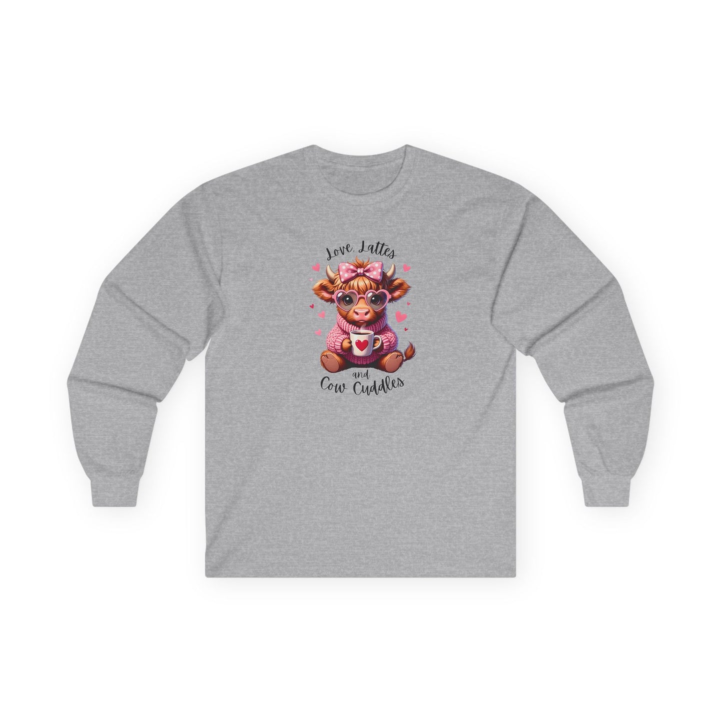 Cow Cuddles Long Sleeve Tee – Cute Cow with Coffee Valentine Shirt