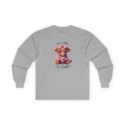 Cow Cuddles Long Sleeve Tee – Cute Cow with Coffee Valentine Shirt